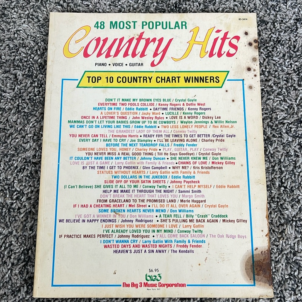 Vintage Music book 1977 piano voice and guitar country hits sheet music FLAWS